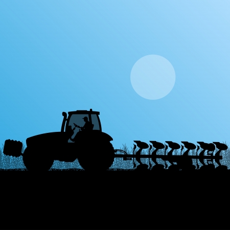 Agriculture tractor plowing the land in cultivated country grain field landscape background illustration vectorのイラスト素材