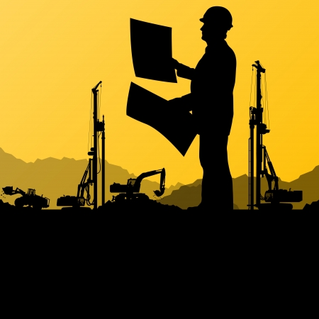 Engineers with excavator loaders and tractors digging at industrial construction site vector background illustrationのイラスト素材