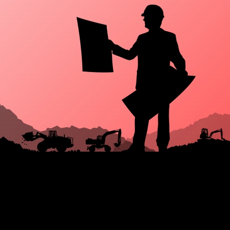 Engineers with excavator loaders and tractors digging at industrial construction site vector background illustrationのイラスト素材