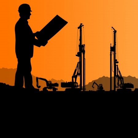 Engineers with excavator loaders and tractors digging at industrial construction site vector background illustrationのイラスト素材