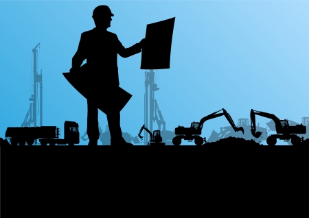 Engineers with excavator loaders and tractors digging at industrial construction site vector background illustrationのイラスト素材