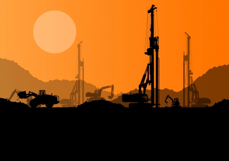 Excavator loaders, hydraulic pile drilling machines, tractors and workers digging at industrial construction site vector backgroundのイラスト素材