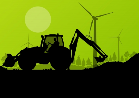 Excavator loaders, hydraulic pile drilling machines, tractors and workers digging at industrial construction site vector background illustrationのイラスト素材