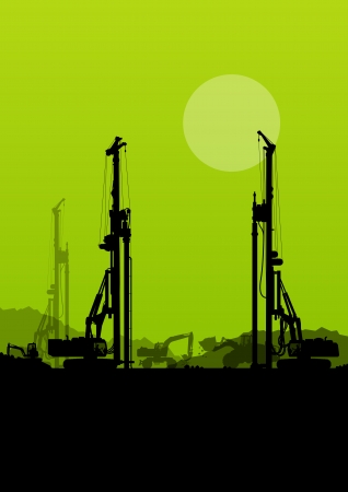 Excavator loaders, hydraulic pile drilling machines, tractors and workers digging at industrial construction site vector backgroundのイラスト素材
