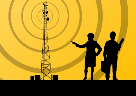 Telecommunications radio tower or mobile phone base station with engineers in concept backgroundのイラスト素材