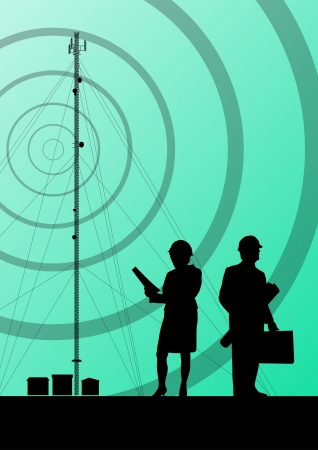 Telecommunications radio tower or mobile phone base station with engineers in concept backgroundのイラスト素材