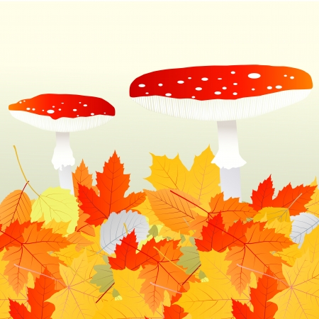 Mushrooms and leaves vector autumn background conceptのイラスト素材