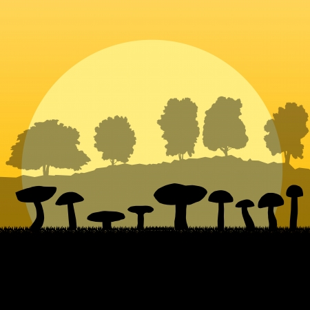 Mushrooms landscape in front of forest autumn vector background conceptのイラスト素材