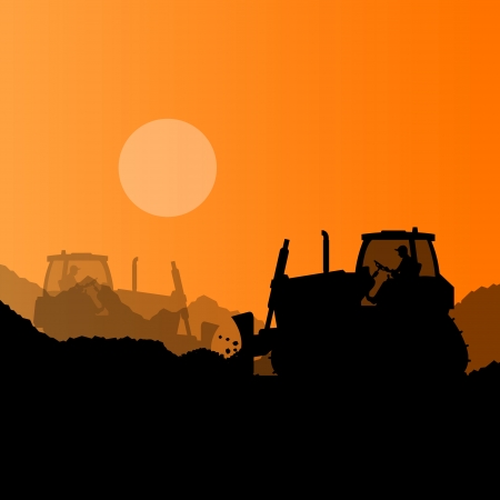 Bulldozer and excavator loader at industrial construction site vector background illustrationのイラスト素材