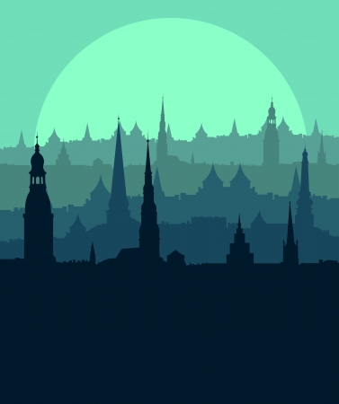 Old vintage city town landscape with moon in detailed illustration background vectorのイラスト素材