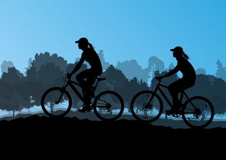 Active cyclists bicycle riders in wild forest nature landscape background illustration vectorのイラスト素材