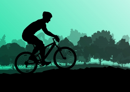 Active cyclists bicycle riders in wild forest nature landscape background illustration vectorのイラスト素材