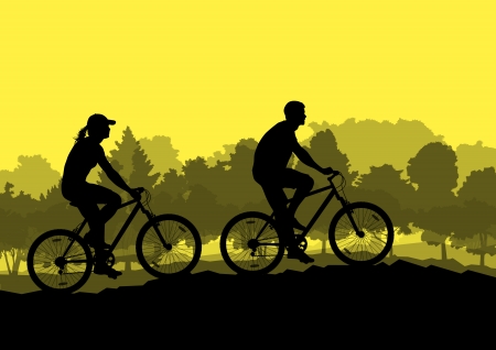 Active cyclists bicycle riders in wild forest nature landscape background illustration vectorのイラスト素材