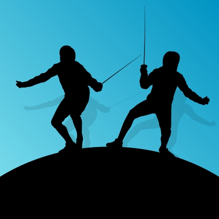 Fencing active young teenager sword fighting sport silhouettes vector abstract background illustrationのイラスト素材