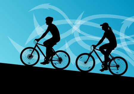 Active man and woman cyclists bicycle riders in abstract arrow line landscape background illustration vectorのイラスト素材