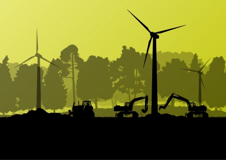 Wind electricity generators with electricity engineers in countryside field construction site landscape  のイラスト素材