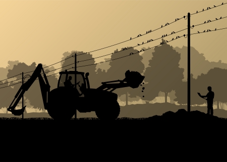 Electricity high power voltage line with construction engineers and excavator loaders and tractors in countryside forest field construction site landscape illustrationのイラスト素材