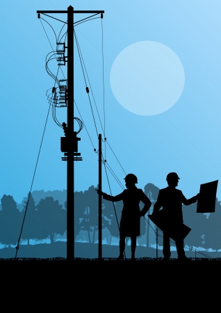 Electricity high power voltage line with construction engineers and excavator loaders and tractors in countryside forest field construction site landscape illustrationのイラスト素材