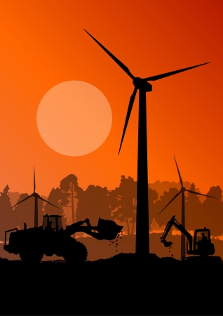 Wind electricity generators with electricity engineers in countryside field construction site landscape illustration background vectorのイラスト素材