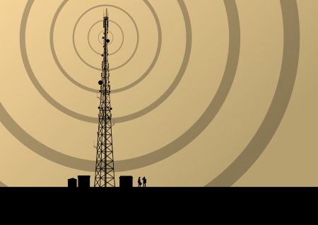 Telecommunications mobile phone base station radio tower with engineers in industrial concept background vectorのイラスト素材