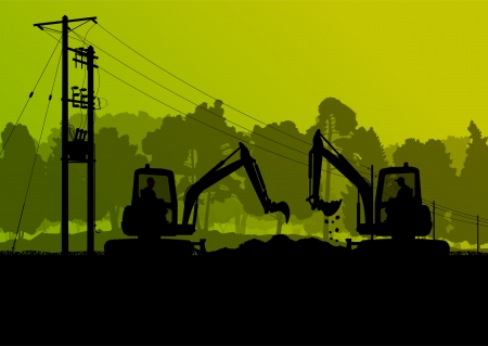 Electricity high power voltage line with construction engineers and excavator loaders and tractors in countryside forest field construction site landscape illustrationのイラスト素材