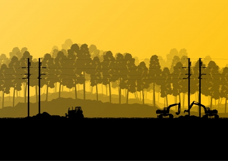 Electricity high power voltage line with construction engineers and excavator loaders and tractors in countryside forest field construction site landscape illustrationのイラスト素材