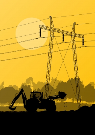 Electricity high power voltage line with construction engineers and excavator loaders and tractors in countryside forest field construction site landscape illustrationのイラスト素材