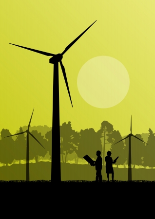 Wind electricity generators with electricity engineers in countryside field construction site landscape illustration background vectorのイラスト素材