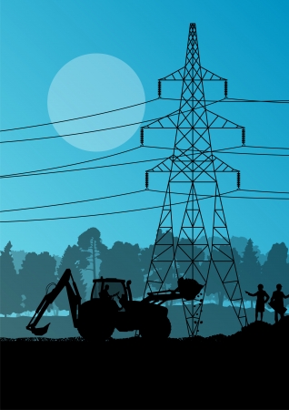 Electricity high power voltage line with construction engineers and excavator loaders and tractors in countryside forest field construction site landscape illustrationのイラスト素材