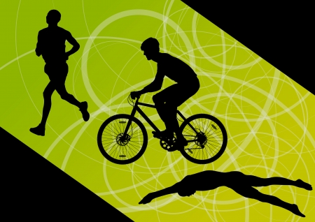 Triathlon marathon active young men swimming cycling and running sport silhouettesのイラスト素材
