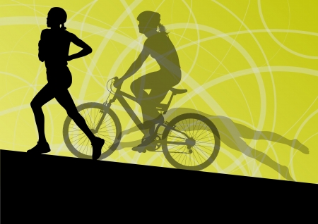 Triathlon marathon active young women swimming cycling and running sport silhouettes のイラスト素材