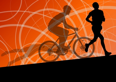 Triathlon marathon active young men swimming cycling and running sport silhouettes のイラスト素材