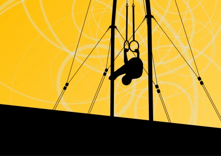 Active and strong children in gymnastics rings sport silhouette のイラスト素材