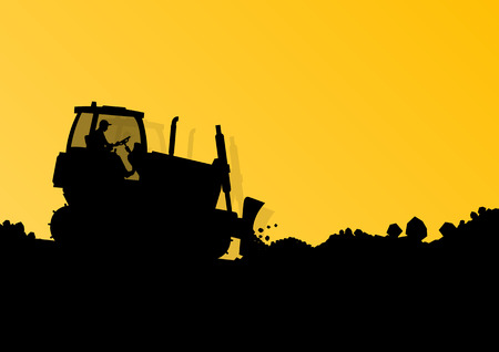 Excavator loader hydraulic machine tractor and workers digging at industrial construction site vector background illustrationのイラスト素材