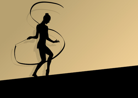 Active young girl calisthenics sport gymnast silhouette in acrobatics flying ribbon abstract background illustration vectorのイラスト素材