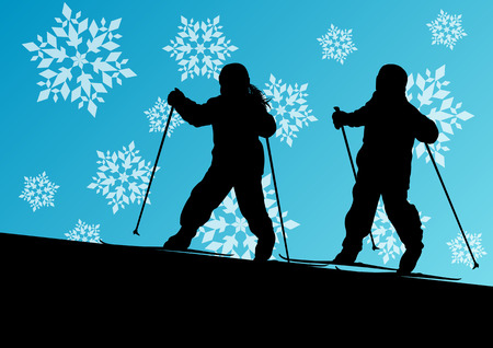 Active children skiing sport silhouettes in winter ice and snowflake abstract background illustration vectorのイラスト素材