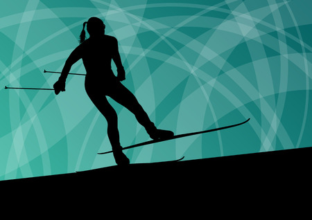 Active young woman girl skiing sport silhouette in winter ice and snow abstract background illustration vectorのイラスト素材