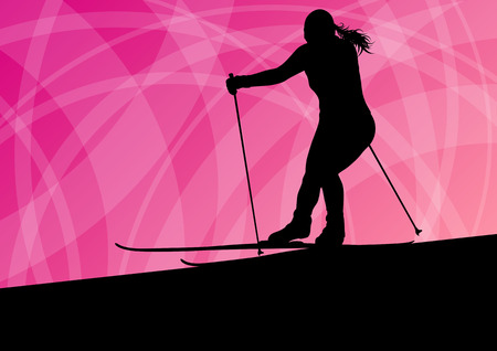 Active young woman girl skiing sport silhouette in winter ice and snow abstract background illustration vectorのイラスト素材