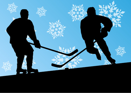Active young men hockey players sport silhouettes in winter ice and snowflake abstract background illustration vectorのイラスト素材