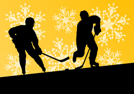 Active young men hockey players sport silhouettes in winter ice and snowflake abstract background illustration vectorのイラスト素材