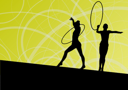 Active young girls calisthenics sport gymnasts silhouettes in spinning rings abstract background illustration vectorのイラスト素材