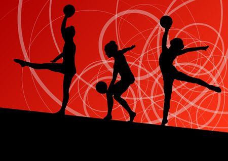Active young girls calisthenics sport gymnasts silhouettes with ball abstract background illustration vectorのイラスト素材