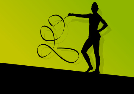 Active young girl calisthenics sport gymnast silhouette in acrobatics flying ribbon abstract background illustration vectorのイラスト素材