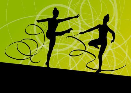 Active young girl calisthenics sport gymnast silhouette in acrobatics flying ribbon abstract background illustration vectorのイラスト素材