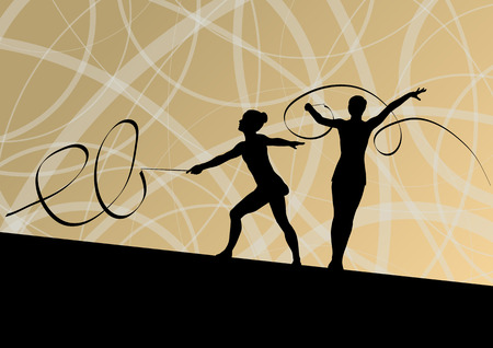 Active young girl calisthenics sport gymnast silhouette in acrobatics flying ribbon abstract background illustration vectorのイラスト素材