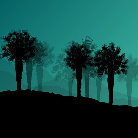Palm tree desert oasis forest silhouettes wild nature landscape background illustration vector for posterのイラスト素材