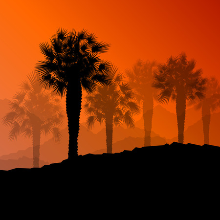 Palm tree desert oasis forest silhouettes wild nature landscape background illustration vector for posterのイラスト素材