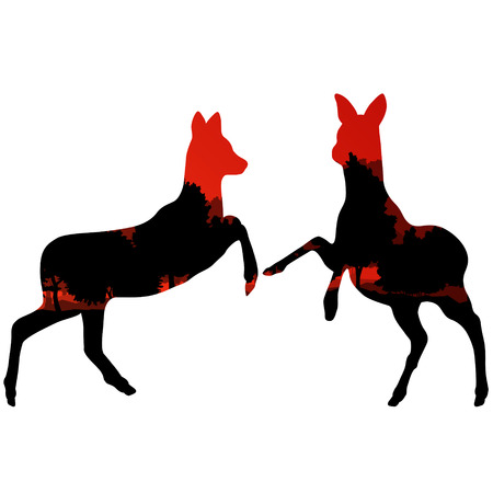 Doe venison deer animal silhouettes in wild nature forest landscape abstract background illustration vectorのイラスト素材