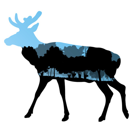 Deer wild animal silhouette in nature forest landscape abstract background illustration vectorのイラスト素材