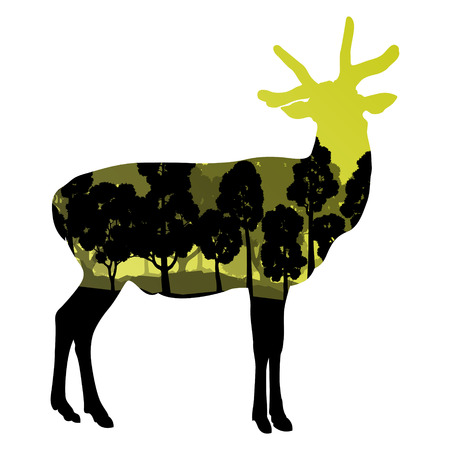Deer wild animal silhouette in nature forest landscape abstract background illustration vectorのイラスト素材